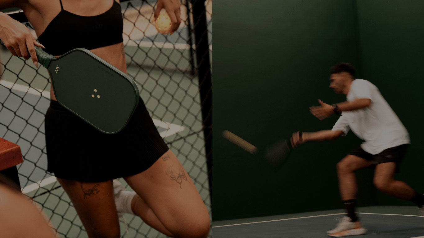 A close up of a female pickleball player leaning on a fence, next to an image of a man in the middle of a pickleball shot.