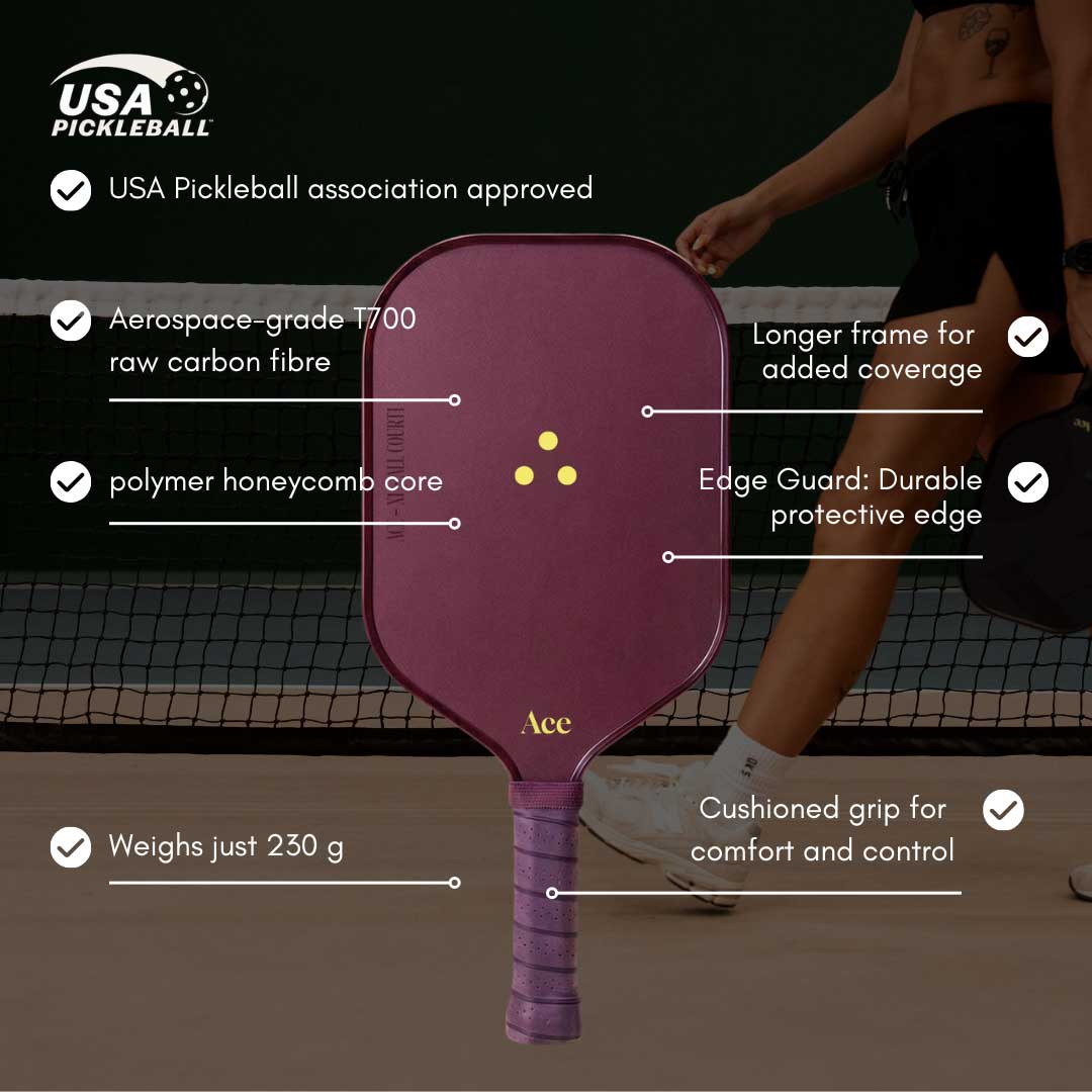 Purple pickleball paddle with features highlighted on a blurred background of a person playing pickleball.
