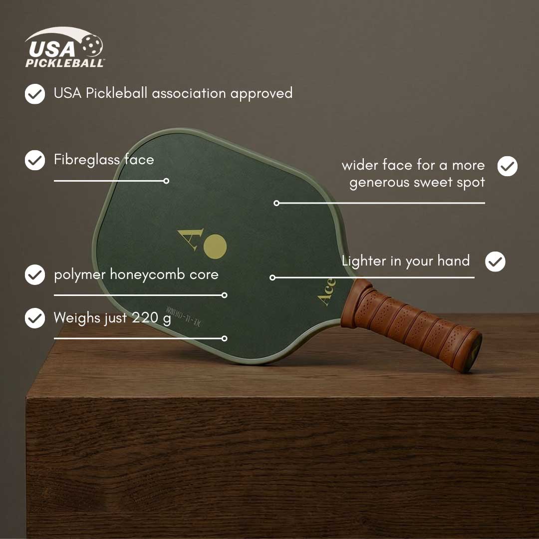 Pickleball paddle with features highlighted on a wooden surface