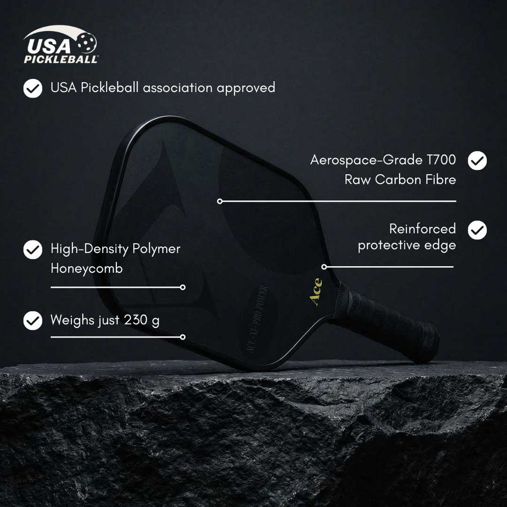 Pickleball paddle with features highlighted on a dark background, including USA Pickleball association approval.