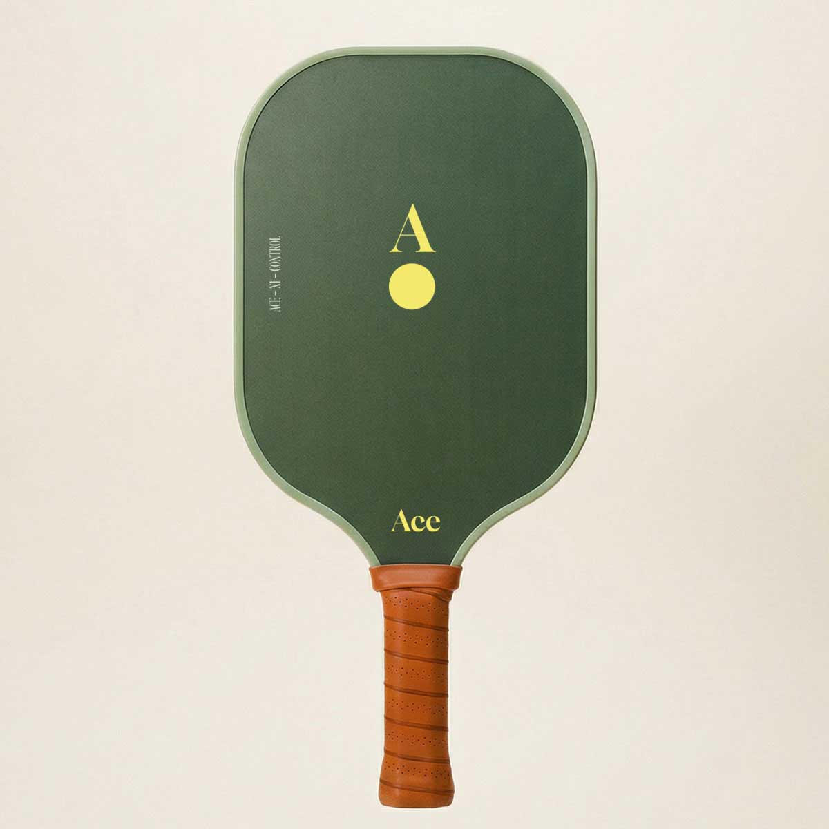 Green pickleball paddle with brown handle on a beige background