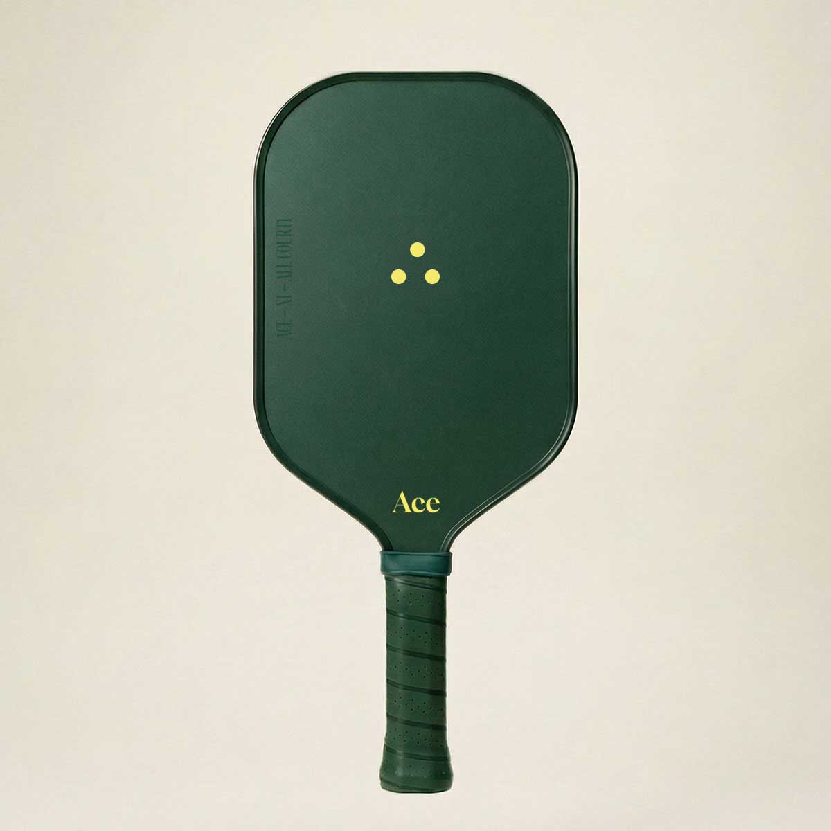 Green pickleball paddle with 'Ace' branding on a beige background