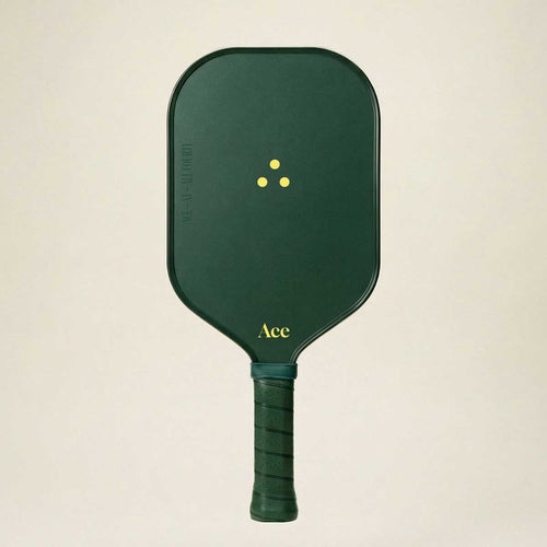 Green pickleball paddle with 'Ace' branding on a beige background